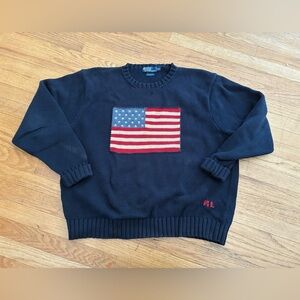vintage POLO Ralph Lauren blue USA American Flag knit Cotton Sweater XXL